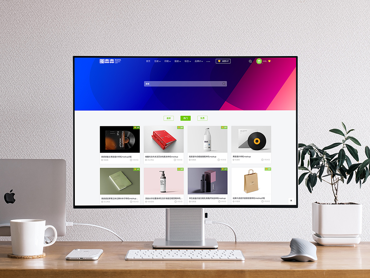 木制工作台的iMac样机mockup插图