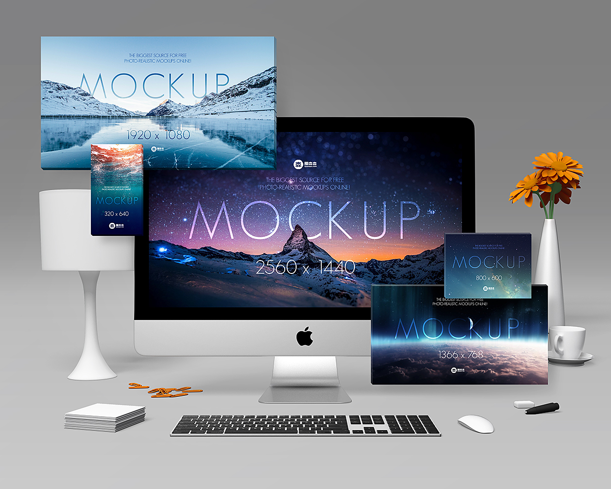 从两个角度呈现iMac Pro屏幕样机mockup2组插图