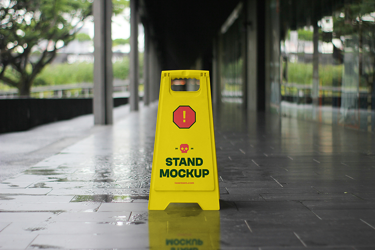 小心地滑安全警示牌立牌指示牌样机mockup插图