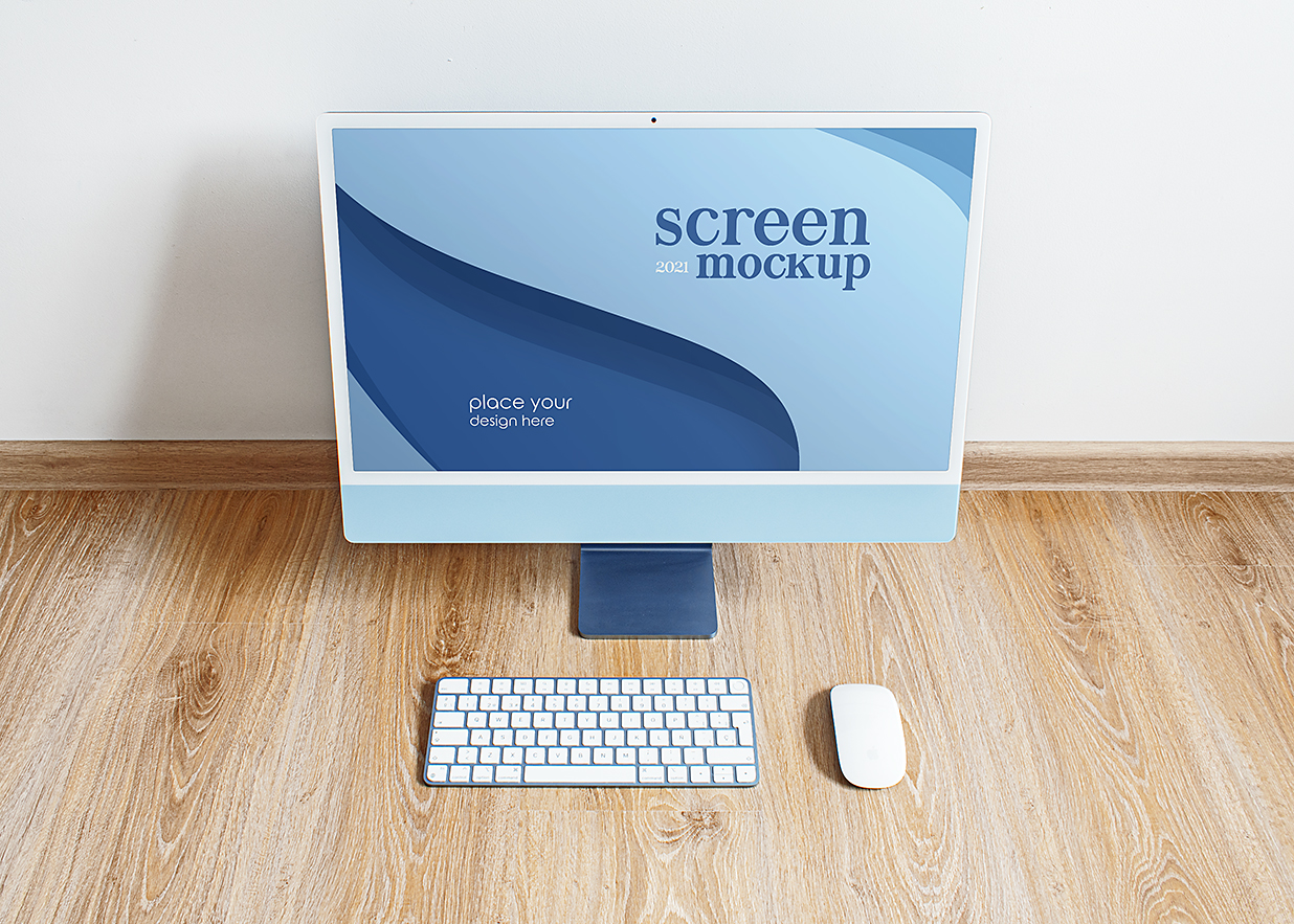 放在木桌上的iMac 样机mockup3组插图1
