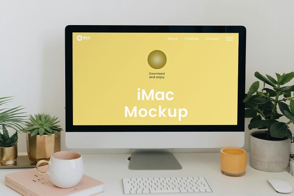 带绿植场景的iMac样机mockup