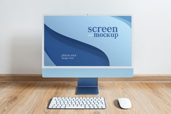 放在木桌上的iMac 样机mockup3组