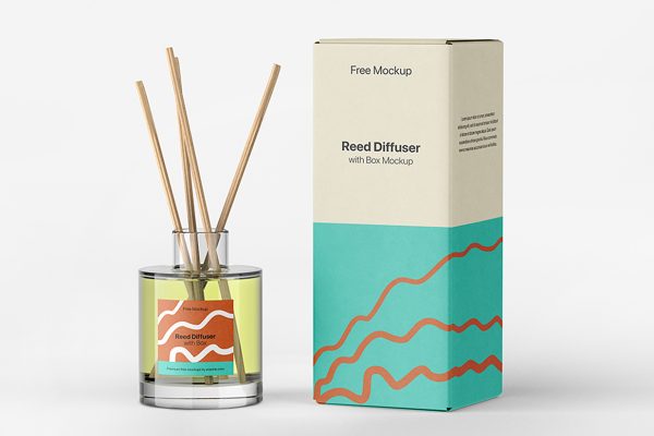 带包装盒的玻璃瓶无火藤条香薰样机mockup