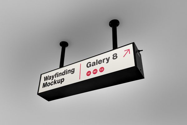 悬挂式展厅画廊导视灯箱指示牌样机mockup