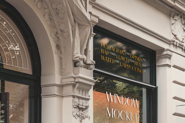 欧式复古建筑风格餐饮店铺橱窗玻璃贴LOGO贴样机mockup
