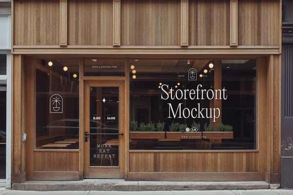 原木复古风临街店铺门面橱窗玻璃贴LOGO贴样机mockup