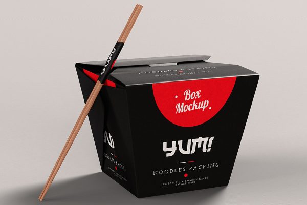 带筷子的面条盒外卖打包盒包装样机mockup