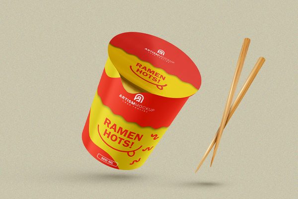 带筷子的速食桶方便面泡面包装样机mockup