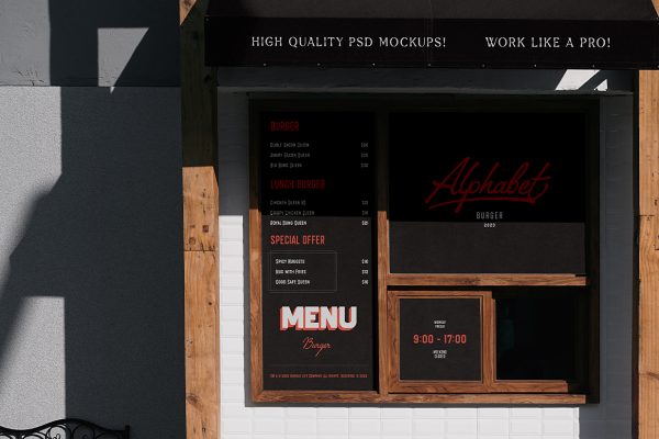 带遮阳蓬的餐厅门头招牌样机mockup