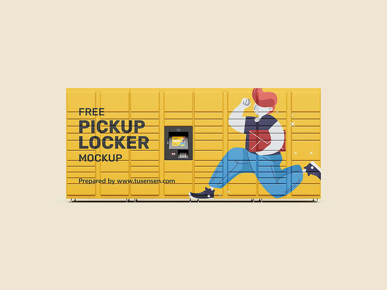 自助存包柜储物柜快递柜广告样机mockup4组插图