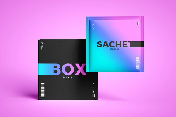 带包装盒的小袋包装样机mockup