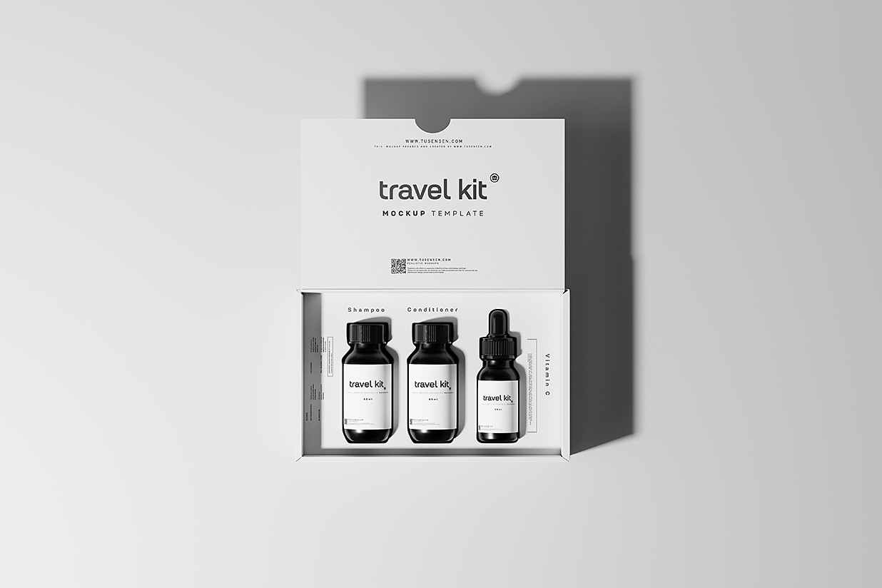 带包装瓶的护肤品旅行套装样机mockup15组插图