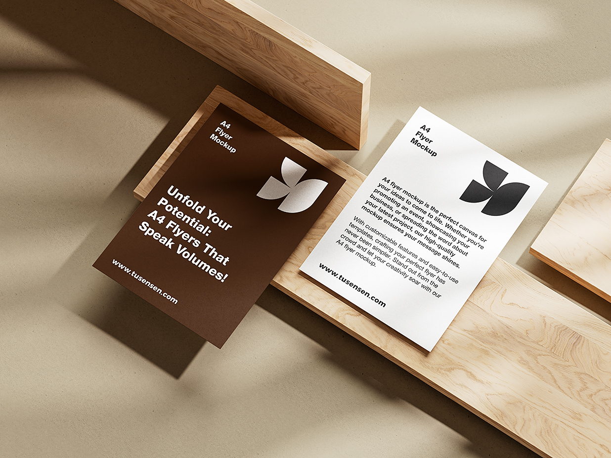 放在木质板上的A4 单张宣传单样机mockup5组插图1