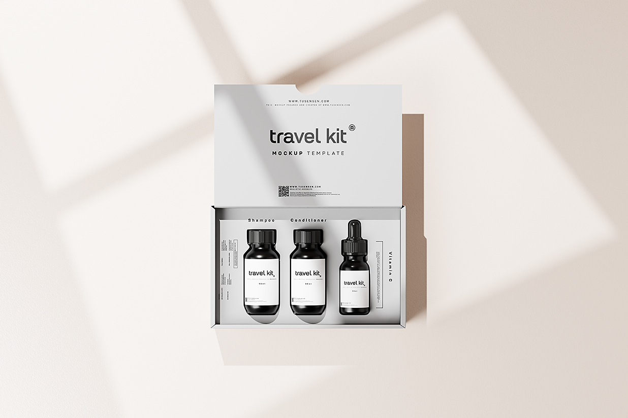 带包装瓶的护肤品旅行套装样机mockup15组插图1