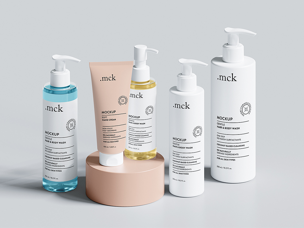 化妆品护肤品套装软膏洗面奶按压泵瓶样机mockup5组插图3