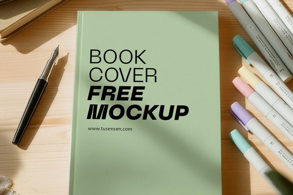 带木桌场景的精装书籍样机mockup