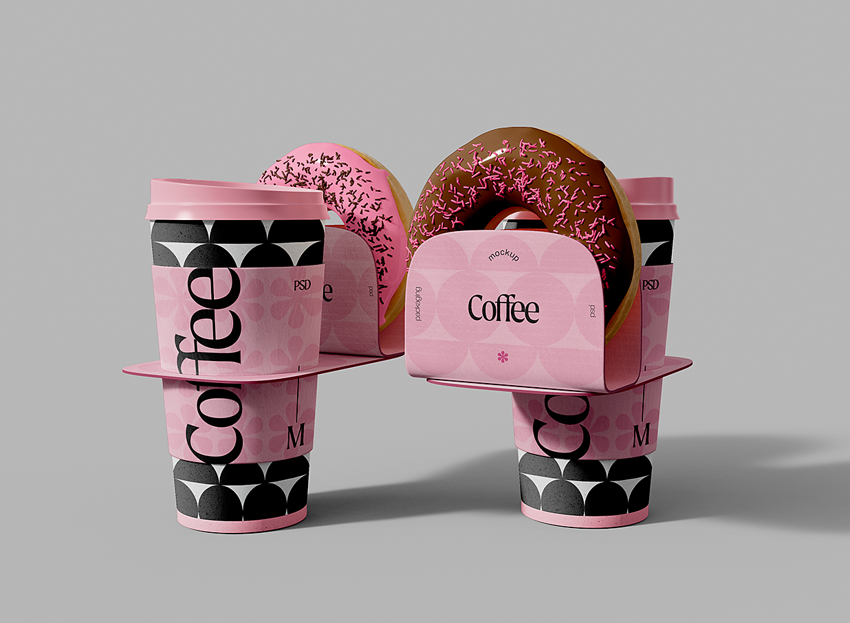 带甜甜圈的咖啡杯奶茶杯饮品杯样机mockup插图