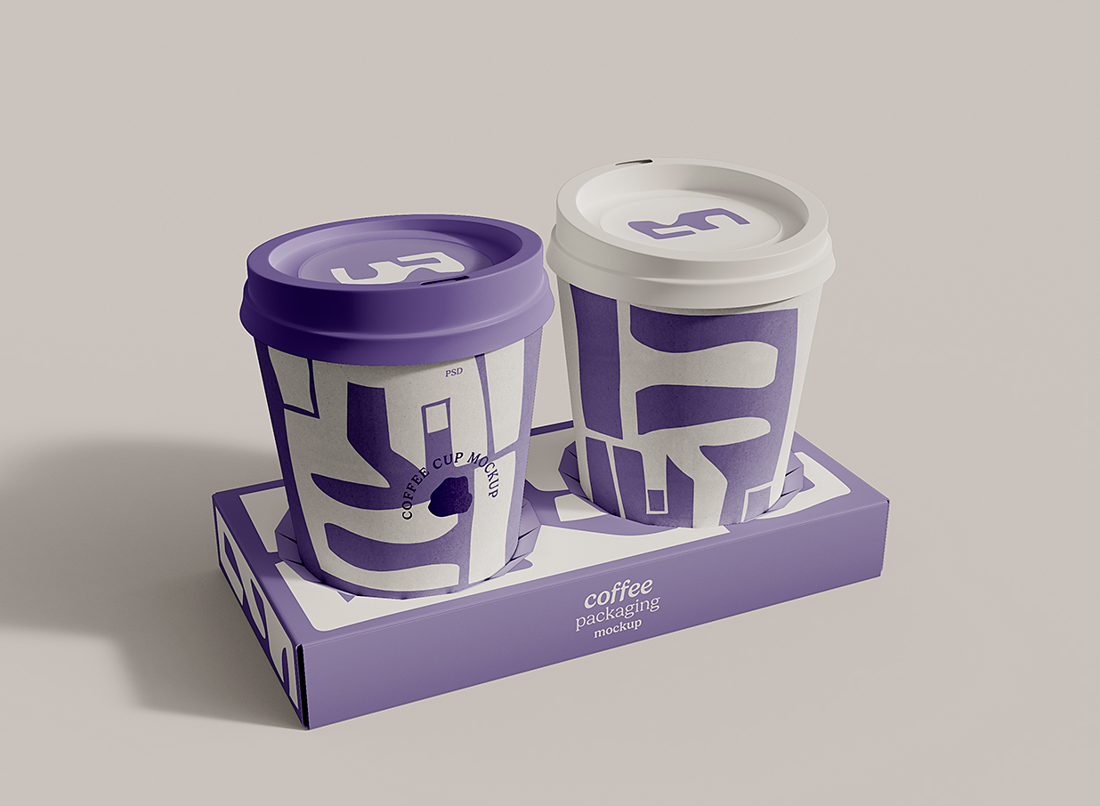 带杯托架的咖啡杯奶茶杯饮品杯样机mockup插图