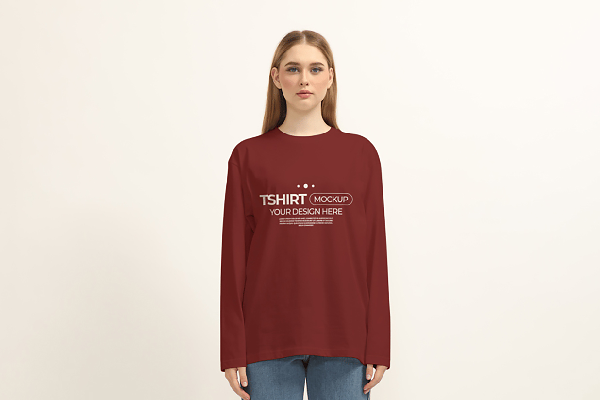 女生长袖T恤样机mockup3组插图