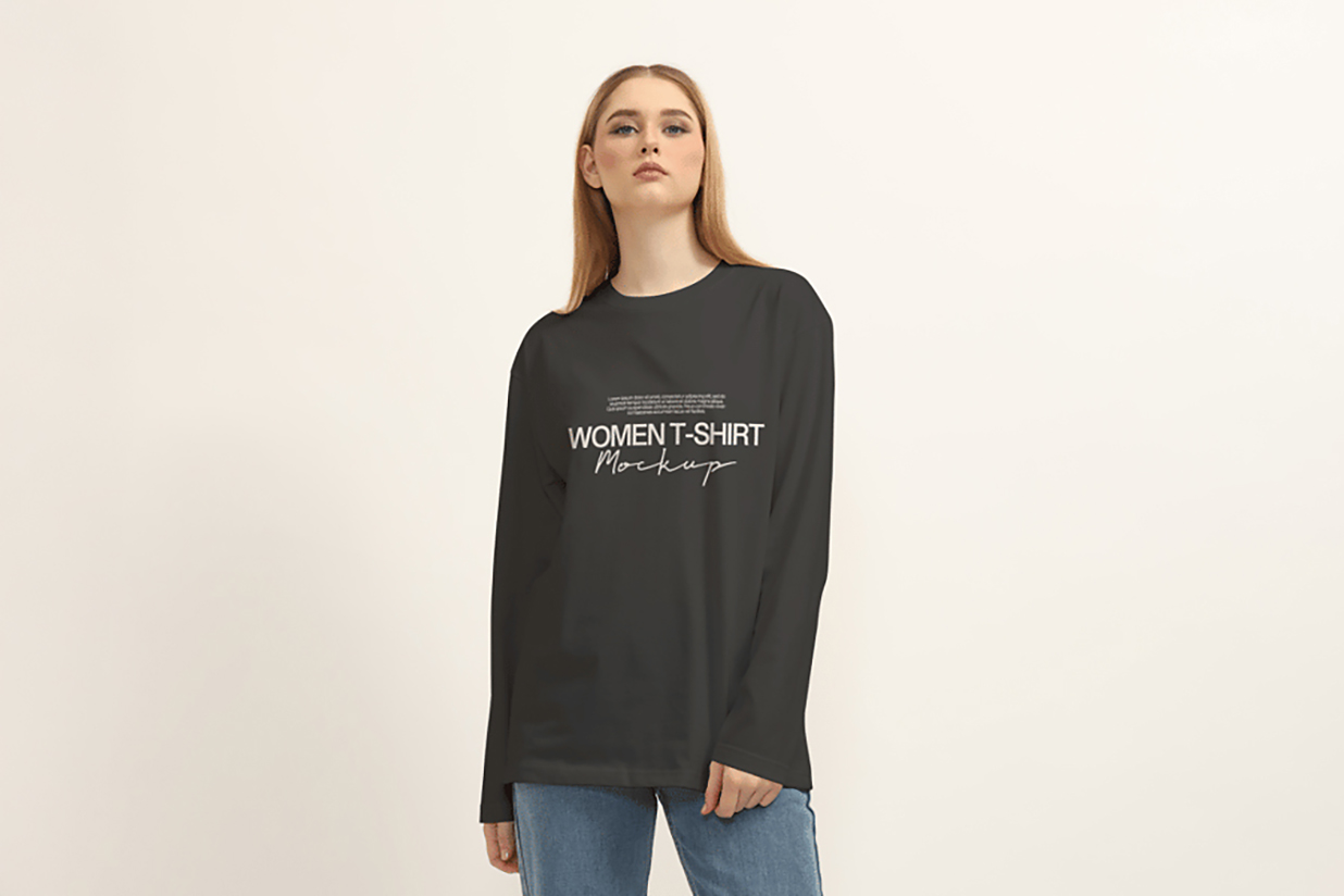 女生长袖T恤样机mockup3组插图