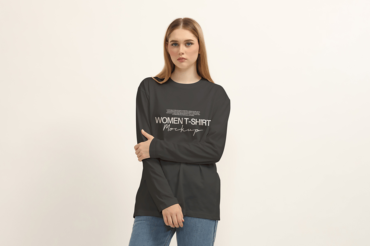 女生长袖T恤样机mockup3组插图1