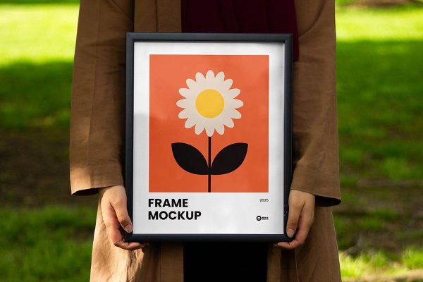 女生手持装饰画海报样机mockup