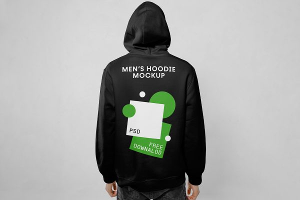 男生身穿连帽衫卫衣背面样机mockup