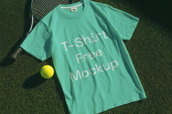 放在网球场上的短袖T恤样机mockup