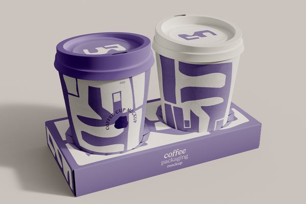 带杯托架的咖啡杯奶茶杯饮品杯样机mockup