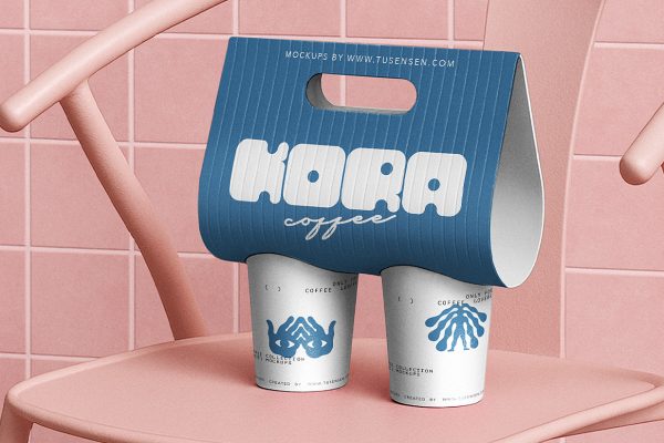 放在椅子上的手提杯托咖啡杯奶茶杯包装样机mockup