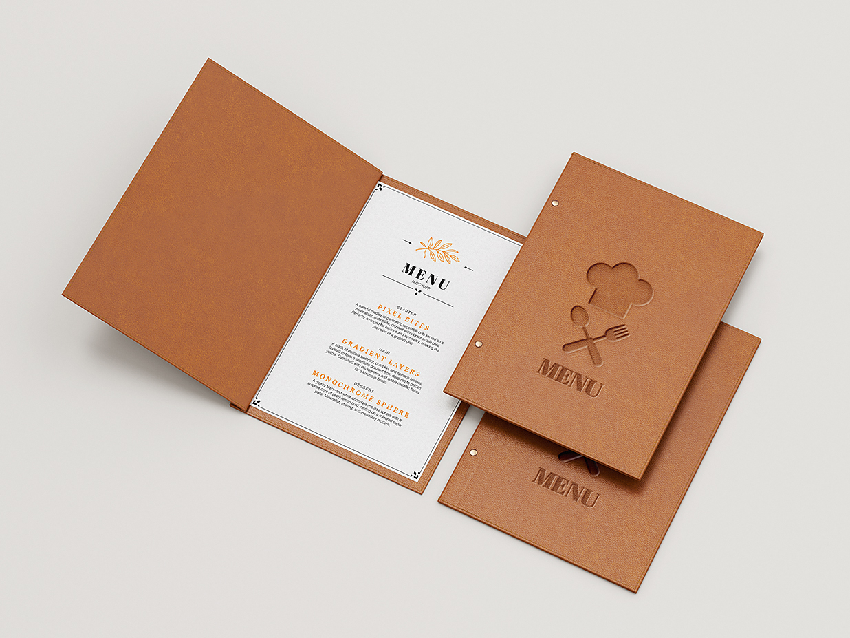 优雅的餐厅皮革菜单样机mockup4组插图3