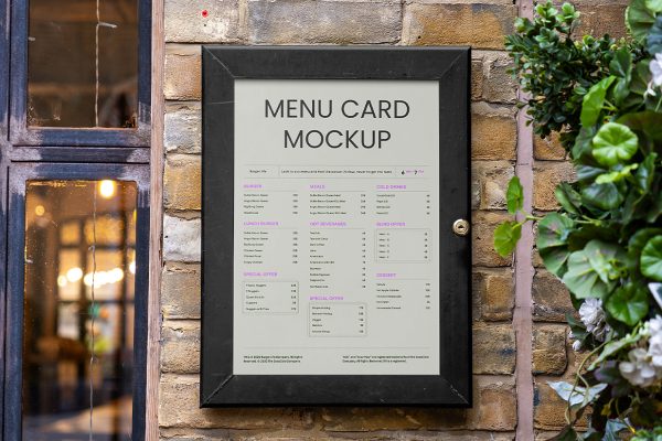 户外壁挂式复古菜单橱窗展示框样机mockup